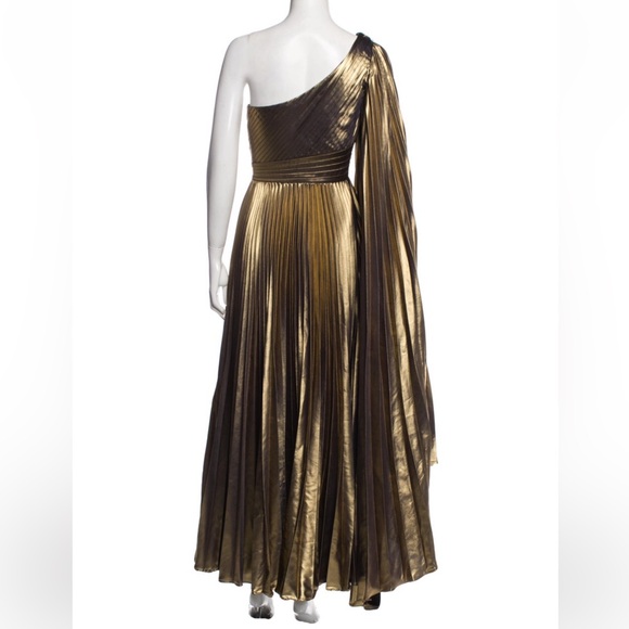 Marchesa Gold One Shoulder Pleated Metallic Evening Dress Gown - Picture 4 of 5